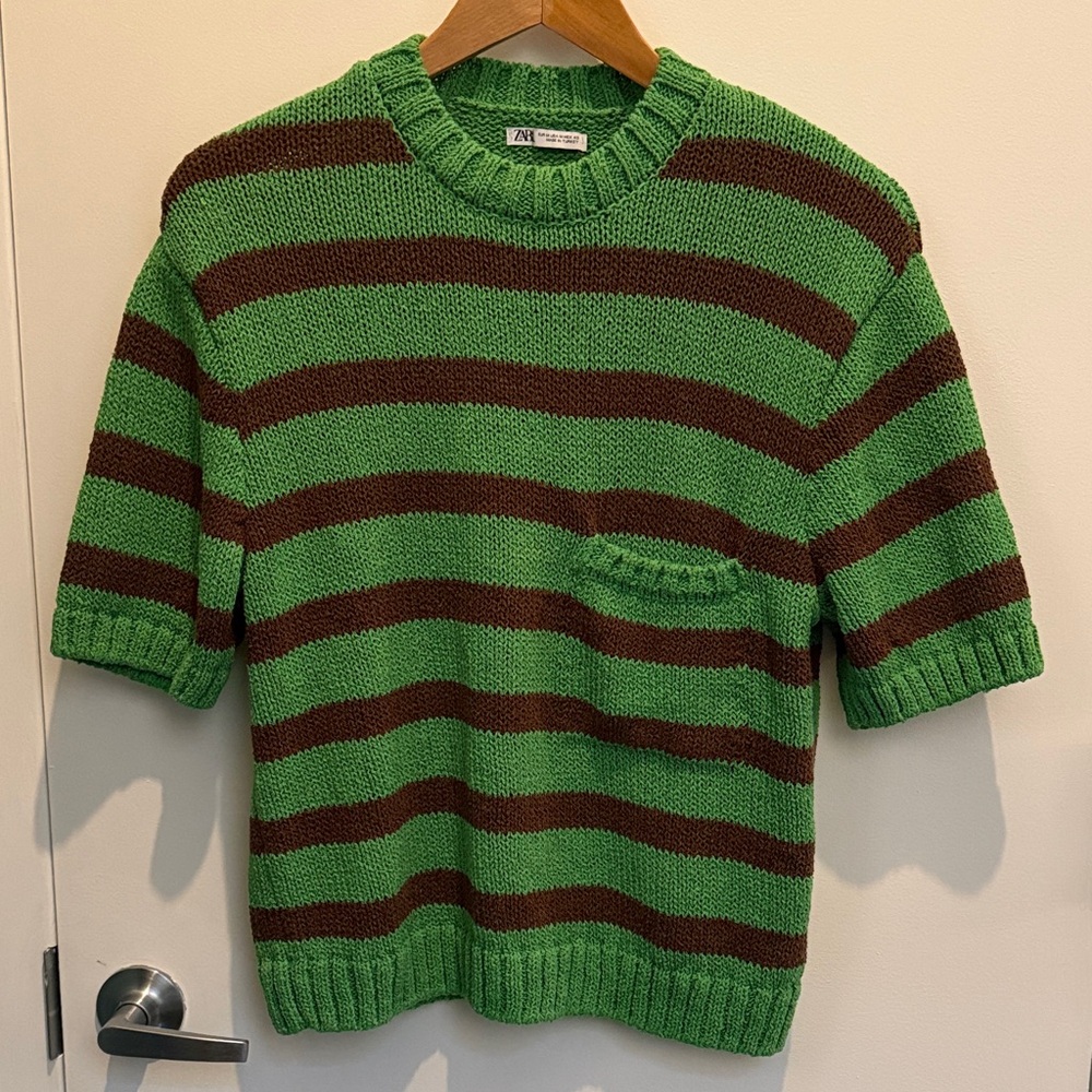 Zara Green and Brown Striped Crewneck Sweater